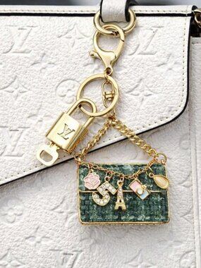 Authentic Louis Vuitton Padlock & Key Gold ✨Unbranded Tweed Bag Charm Keychain